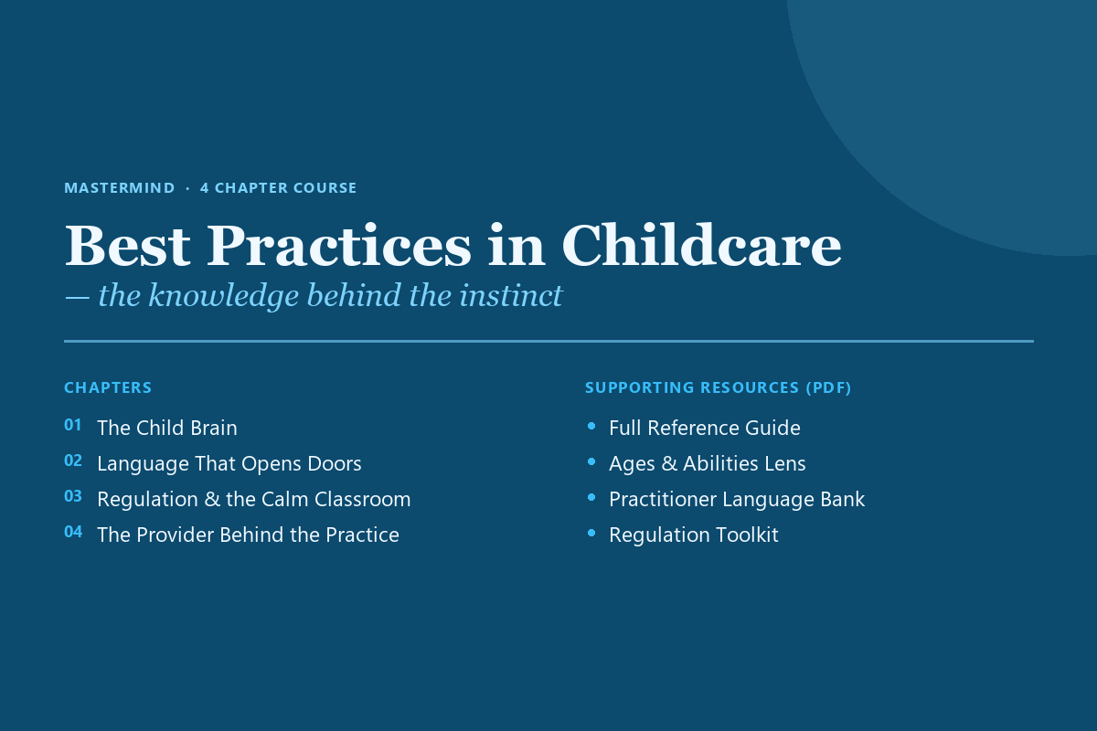 Best Practices in Childcare — the knowledge behind the instinct, listing all four chapters and the supporting PDF resources
