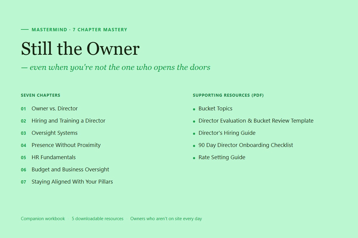 Still the Owner — even when you're not the one who opens the doors, listing all seven chapters and the supporting PDF resources